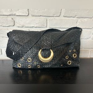 Elliott Lucca Leather Woven Shoulder Bag Black Gold